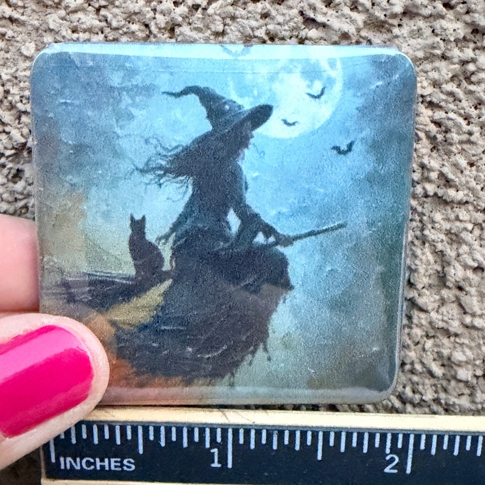 Handmade Witch Flying on Broomstick Magnet Black Cat Moon Halloween Decor 2x2